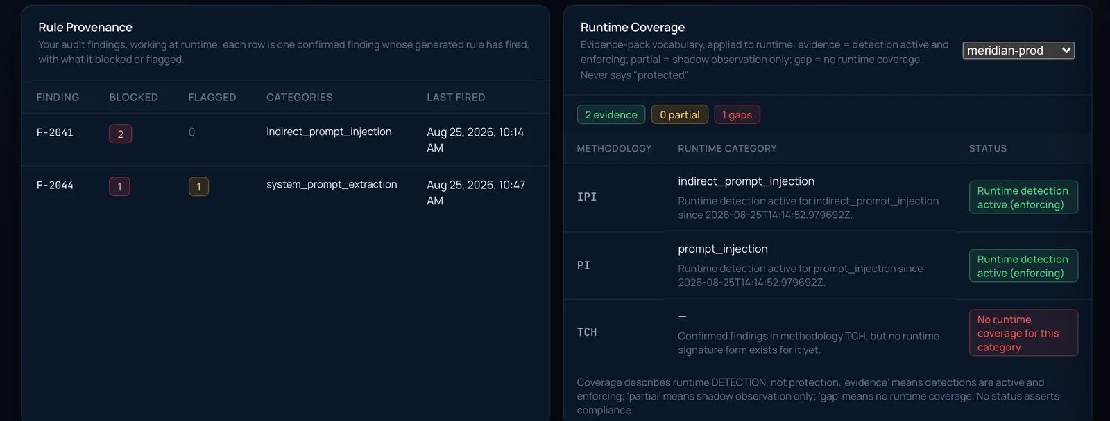 Rule Provenance panel listing findings F-2041 and F-2044 with what each blocked or flagged, beside a Runtime Coverage panel reading two evidence, zero partial and one gap across the IPI, PI and TCH methodologies